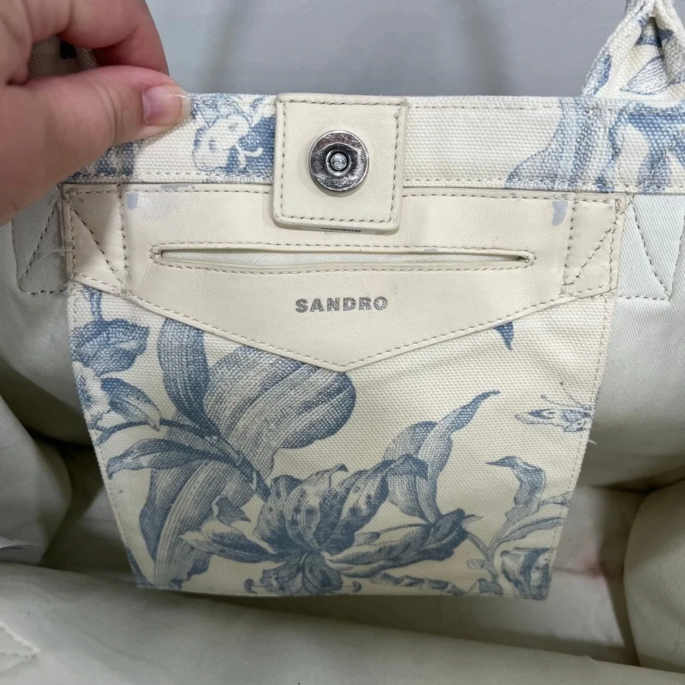 SANDRO Kabash Blue Floral Tote Bag Purse Fringe Hem Large Travel Canvas Designer - Picture 7 of 12